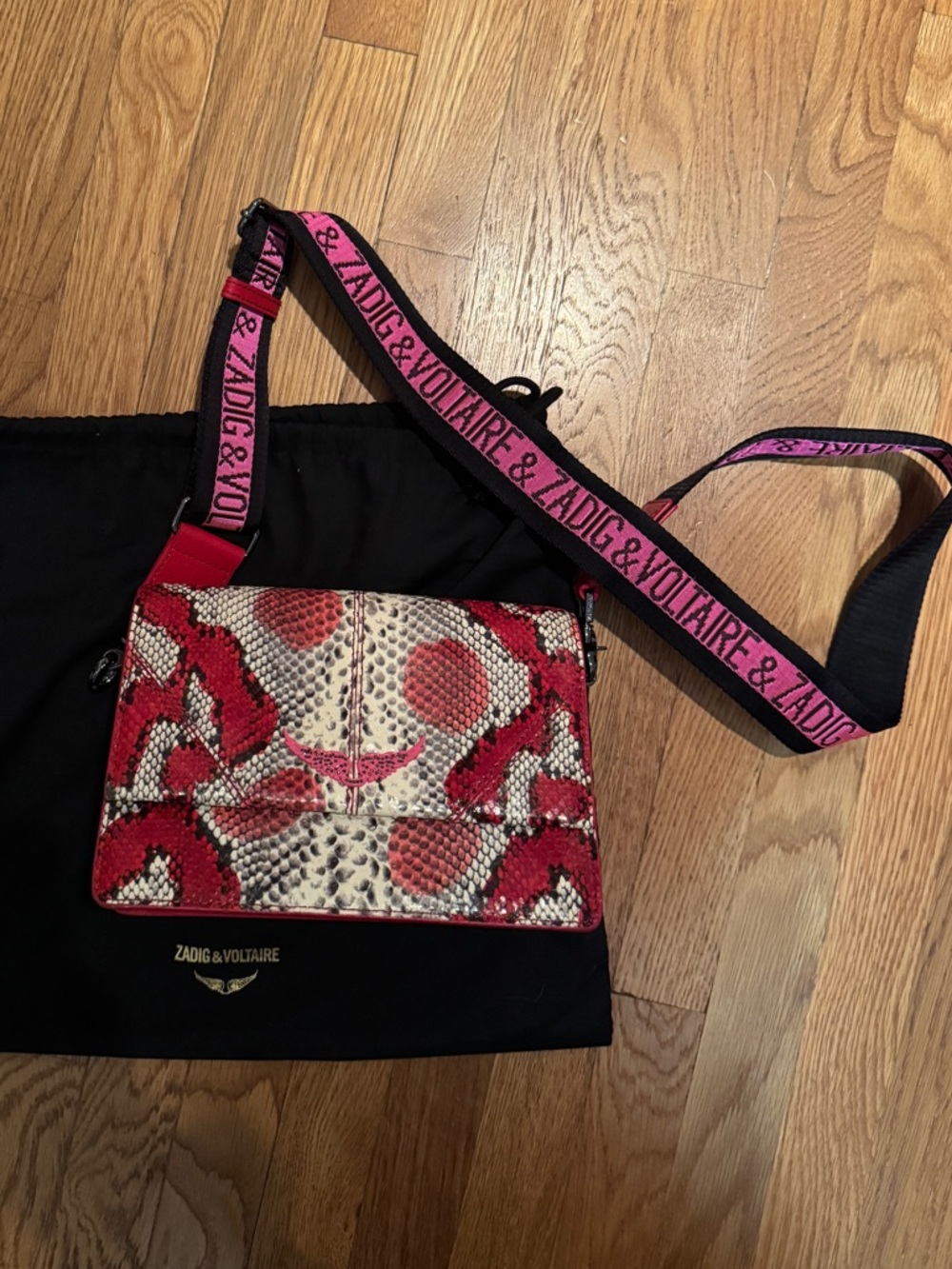 Zadig & Voltaire Red, Cream and Black Python-Print Crossbody with Branded Strap